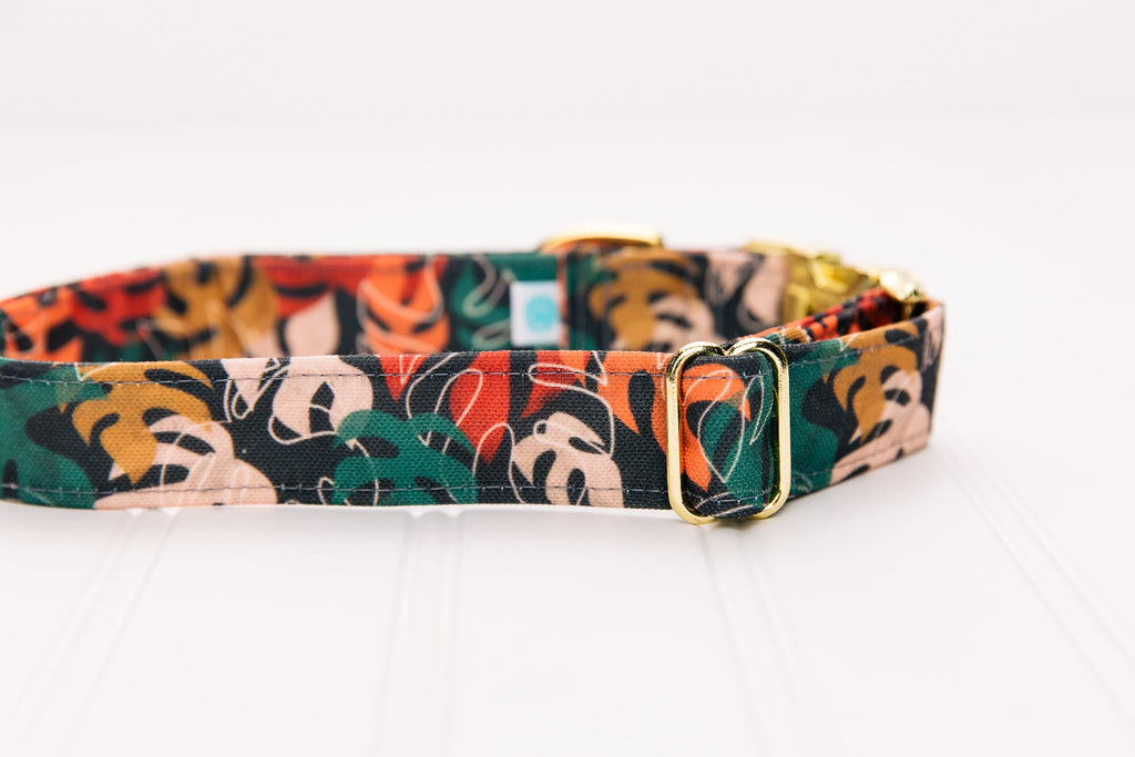 Neutral Monstera Leaves Water Resistant Dog Collar