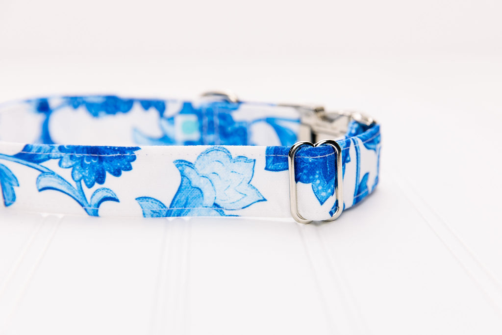 Blue Floral Chintz Water Resistant Dog Collar