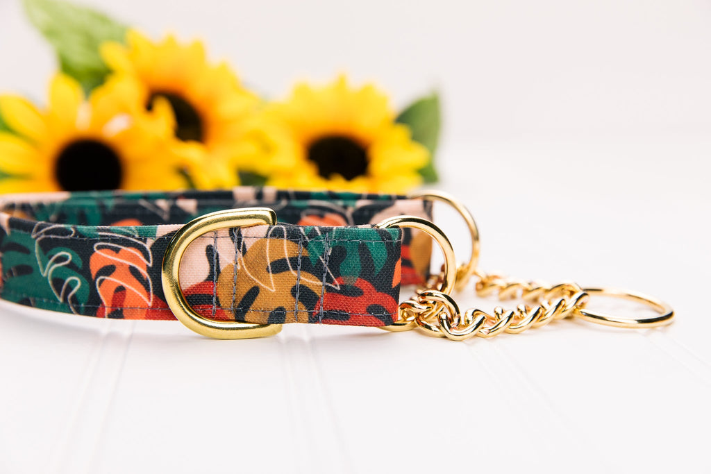 Neutral Monstera Leaves Water Resistant Dog Collar