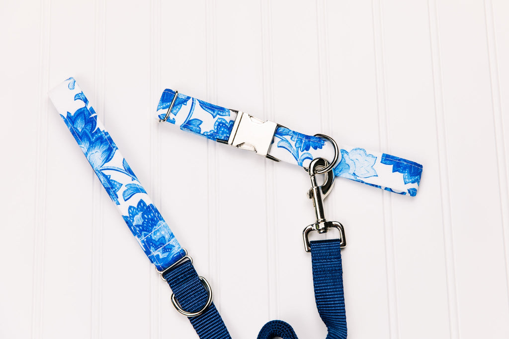 Blue Floral Chintz Water Resistant Dog Collar