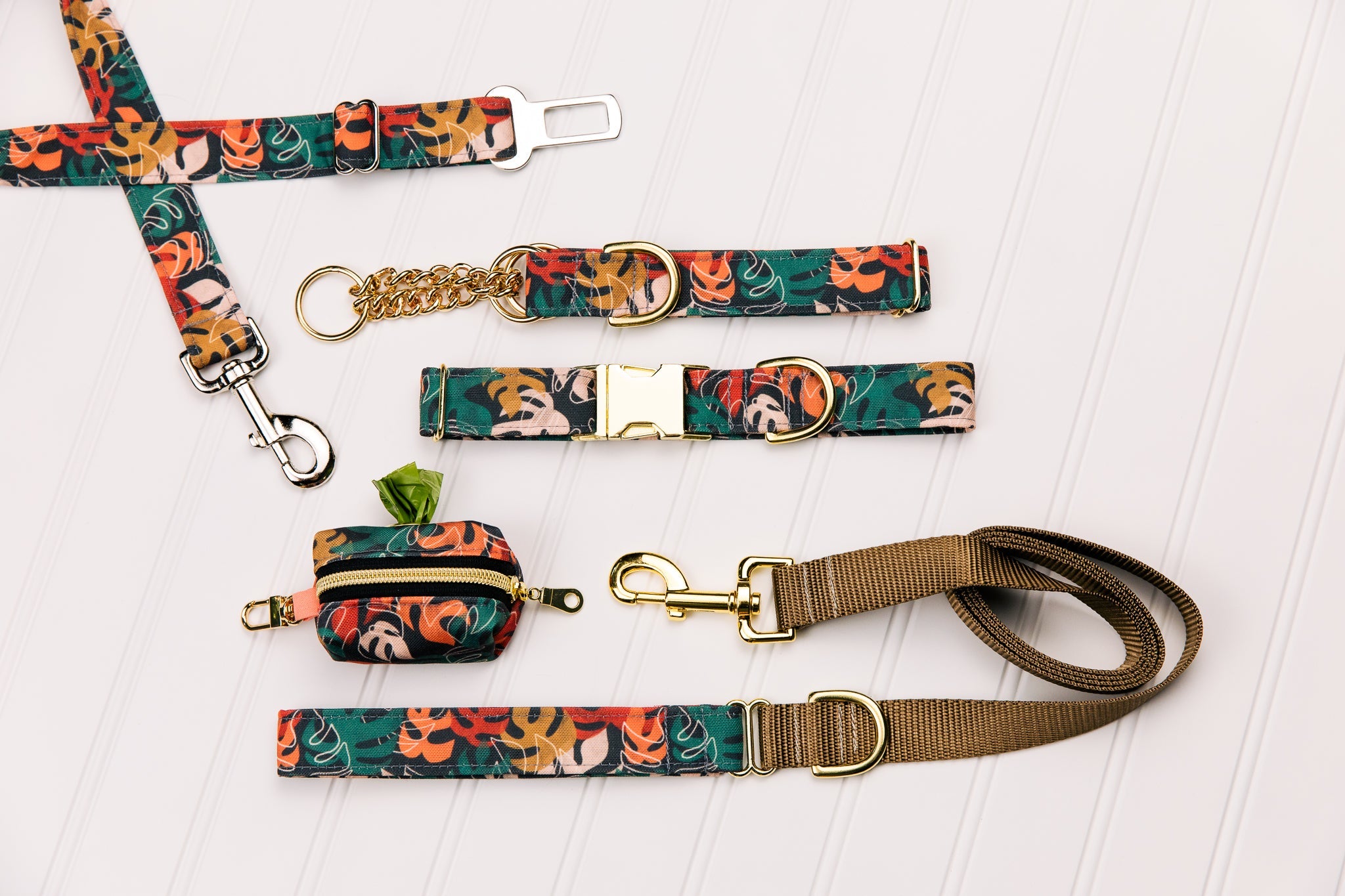 Neutral Monstera Leaves Matching Dog Leash